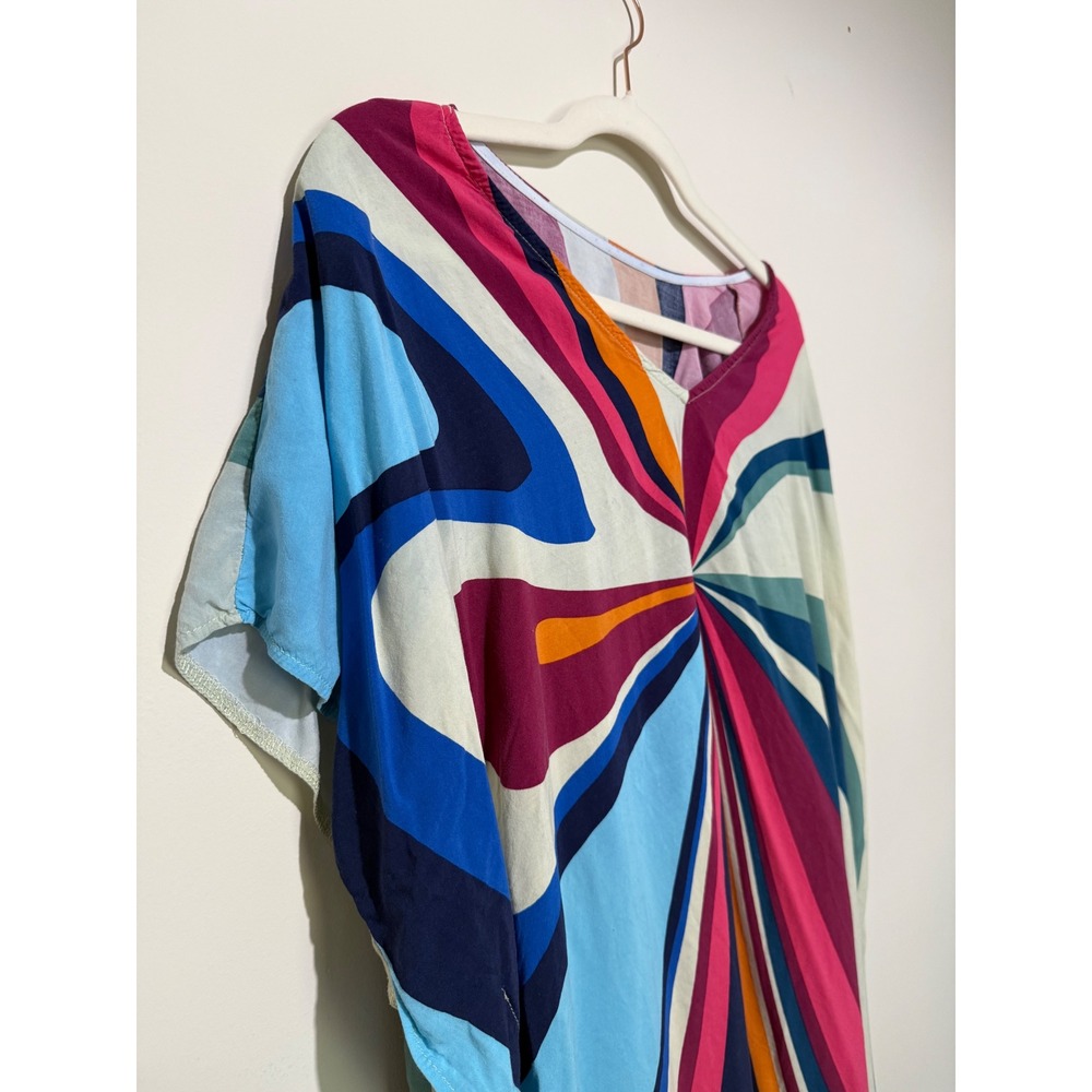 Womens Psychedelic Swirl Kaftan Maxi Dress V-Neck Abstract Pink Blue Oversized